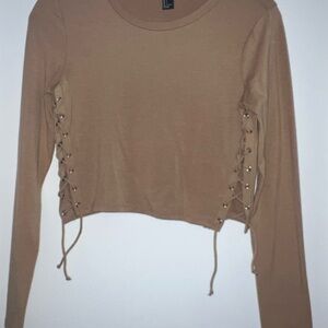 Tan Lace-Up Long Sleeve Top